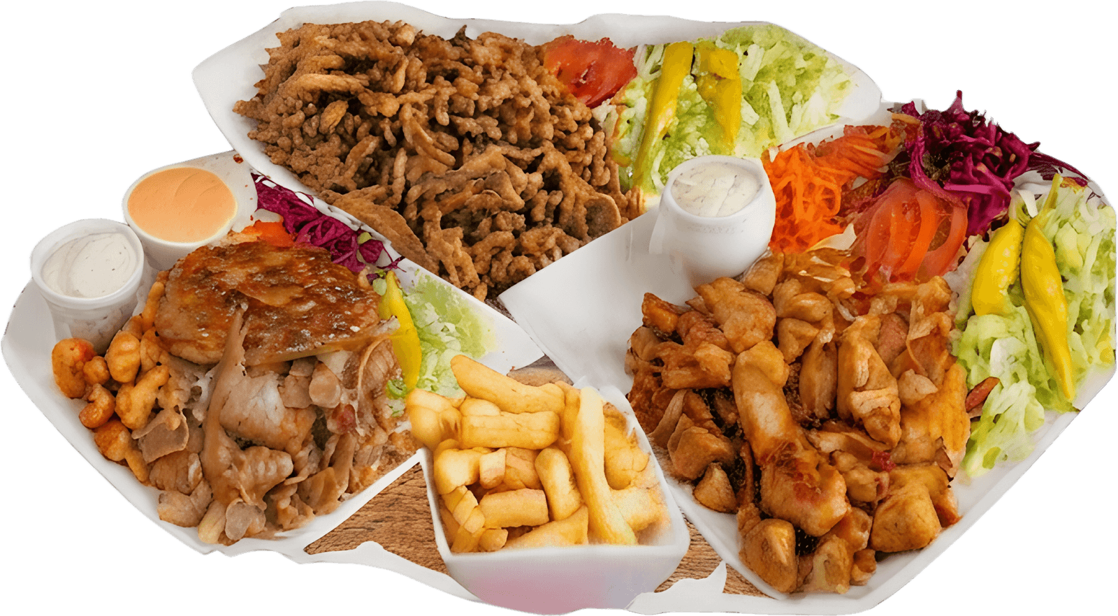 Schotels van het huis: kebab, kip, kofte, friet en verse salades met saus